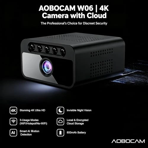 Hidden Camera with Cloud, 4K HD WiFi Mini Spy Camera 150° View Video, Wireless Indoor Surveillance Secret Camera, Smart... — Cameras & Monitors, AOBOCAM