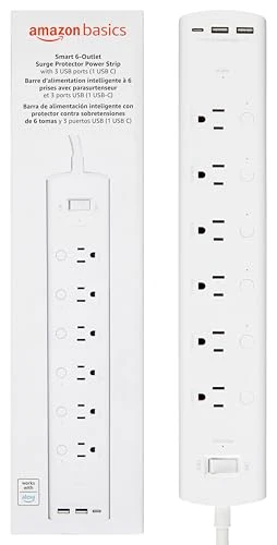 Smart Plug Power Strip with 6 Outlets and 3 USB Ports — Power Solutions & Surge Protection, Amazon Basics