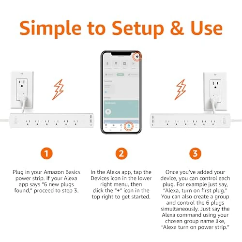 Smart Plug Power Strip with 6 Outlets and 3 USB Ports — Power Solutions & Surge Protection, Amazon Basics