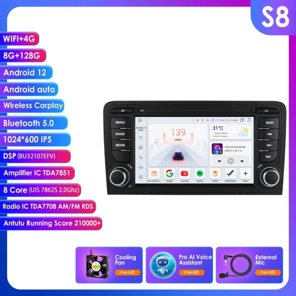 8-Core Android Car Stereo with CarPlay for Audi A3/S3/RS3 (2003-2013) — Car Infotainment System, Hizpo