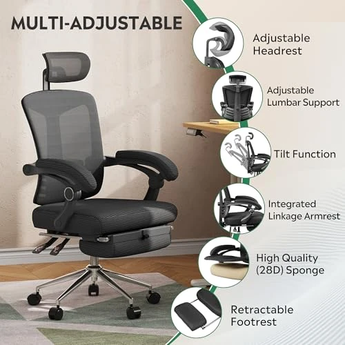 Ergonomic Mesh Office Desk Chair with Footrest — Desk Chairs, DEVAISE