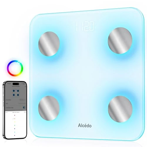 Smart Body Fat Scale with BMI, Fat Percentage, Muscle Mass, and Color-Changing Lights — Weight Management Tools, Alcedo