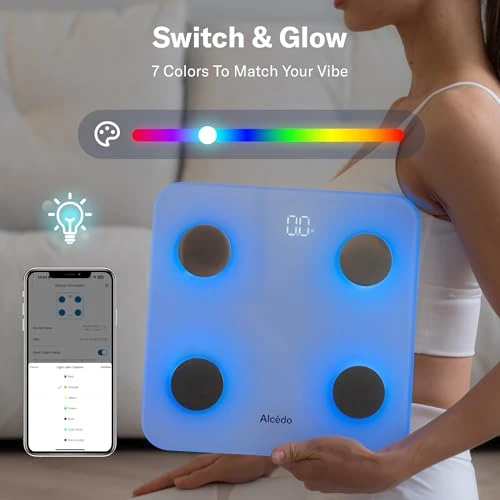 Smart Body Fat Scale with BMI, Fat Percentage, Muscle Mass, and Color-Changing Lights — Weight Management Tools, Alcedo