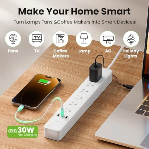 Smart Plug Power Strip with 6 Outlets and 3 USB Ports — Power Solutions & Surge Protection, GHome Smart