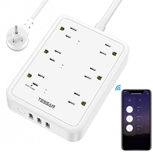 WiFi Flat Plug Strip with 3 Smart Outlets and 3 USB Ports — Power Solutions & Surge Protection, TESSAN