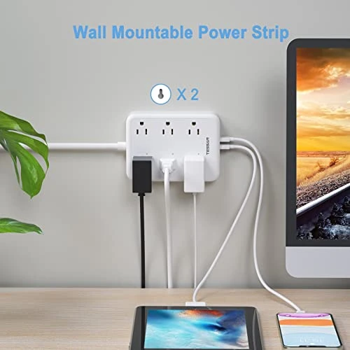 WiFi Flat Plug Strip with 3 Smart Outlets and 3 USB Ports — Power Solutions & Surge Protection, TESSAN