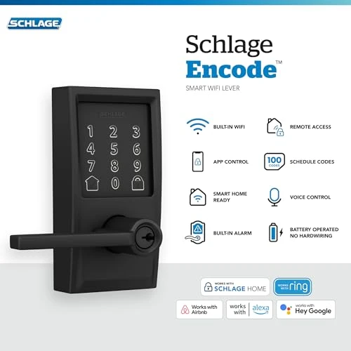 Encode Century WiFi Latitude Lever Smart Keyless Entry Touchscreen Door Lock — Electromagnetic Security Locks, SCHLAGE