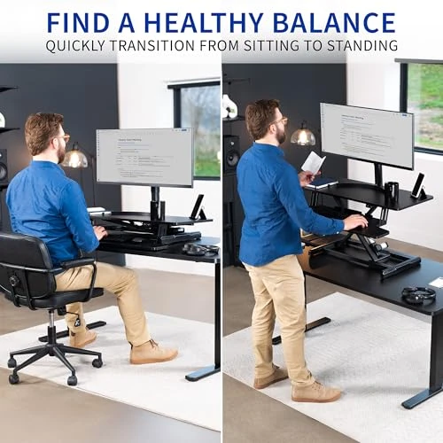 Electric Motor Desk Converter with Height Adjustable Riser and Wide Keyboard Tray — Mounts, VIVO