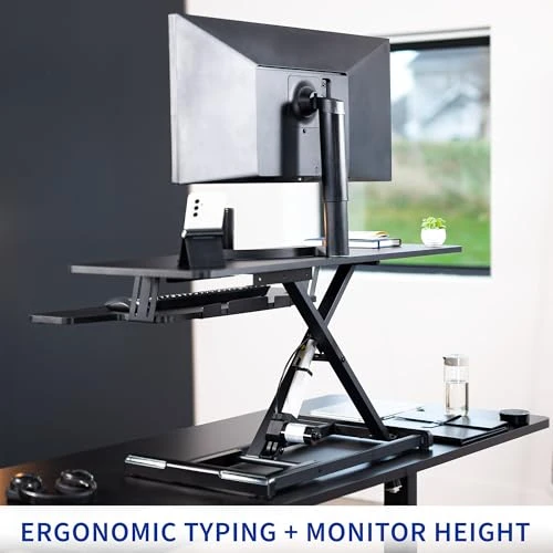 Electric Motor Desk Converter with Height Adjustable Riser and Wide Keyboard Tray — Mounts, VIVO