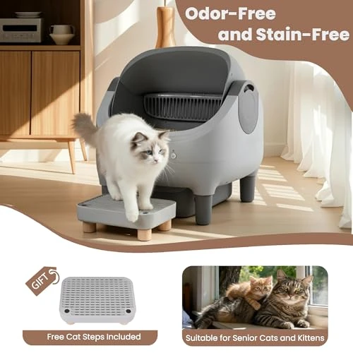 Automatic Litter Box with Raised Step, for Multiple Cats, Open Top Large Capacity Self Cleaning Litter Box, Safety... — Waste Bins, HALKYDY