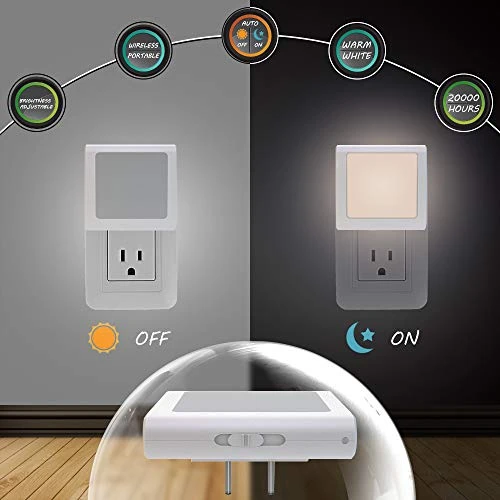 Plug-in LED Night Light with Auto Dusk to Dawn Sensor, Adjustable Brightness Warm White Lights, 2 Pack — Night Lights, MAZ-TEK