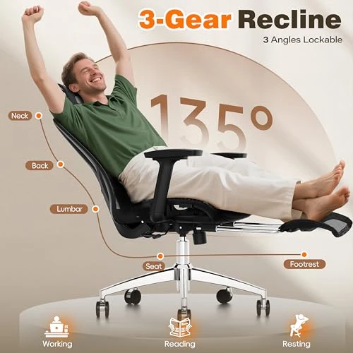 Ergonomic Office Chair with Footrest, Reclining Desk Chair with Adjustable Lumbar Support, 3D Armrest, Headrest & Large... — Desk Chairs, GABRYLLY