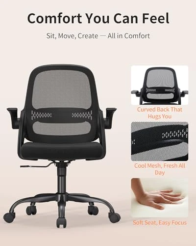 Mesh Office Chair with Flip-Up Arms, Adjustable Height, Breathable Mesh Back, Thick Cushion Seat, 360° Swivel Rolling... — Desk Chairs, LukkDys