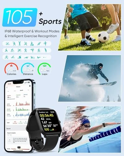 Smart Watch with Alexa, Bluetooth Calling, Health Monitoring, 105+ Sports Modes, IP68 Waterproof, Long Battery Life — Smartwatches, Fitpolo