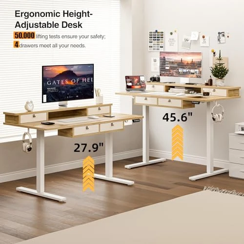 Electric Standing Desk with 4 Drawers and Storage Shelf — Office, Grandder