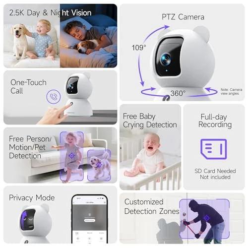 Pet/Dog Camera with Speaker/Phone App, No-Monthly-Fee AI Person/Pet/Cry Detection Security Camera Indoor, PTZ 2.4GHz... — Cameras & Monitors, CINMOORE