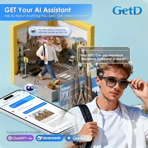 AI Glasses with ChatGPT Assistant, Real-time Translation, and Open-Ear Audio — Smart Glasses, GetD