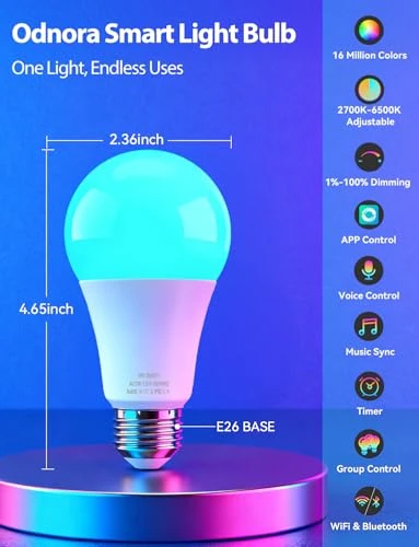 Smart Light Bulbs, Color Changing, 4 Pack — Incandescent, Odnora