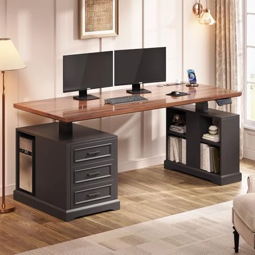 Farmhouse Electric Standing Desk with Drawers and Storage Shelves — Office, SEDETA