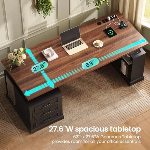 Farmhouse Electric Standing Desk with Drawers and Storage Shelves — Office, SEDETA