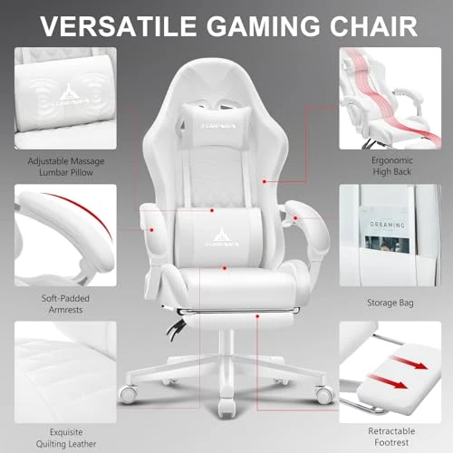 White Gaming Chair with Footrest, Massage, and Reclining — Desk Chairs, TUKAKA
