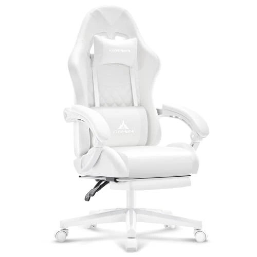 White Gaming Chair with Footrest, Massage, and Reclining — Desk Chairs, TUKAKA