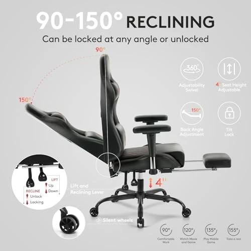 Gaming Chair with Footrest, Massage Lumbar Support, and Gel Pad — Gaming Chairs, Morkprism