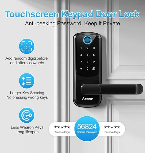 Keyless Entry Fingerprint Smart Door Lock with Built-in Wi-Fi, Touch Digital Keypad and Handle — Deadbolts, Aceele