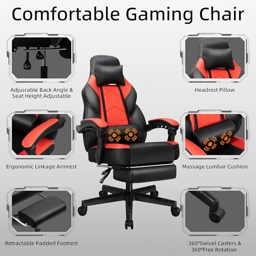 Gaming Chair with Footrest, Massage Lumbar Support, Height Adjustment, and 360° Swivel Seat — Gaming Chairs, Shintenchi
