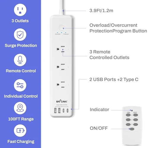 Remote Control Power Strip with 3 Independent Outlets, 4 USBs, Extension Cord, Overload Protection, Wall Mount — Power Solutions & Surge Protection, BN-LINK