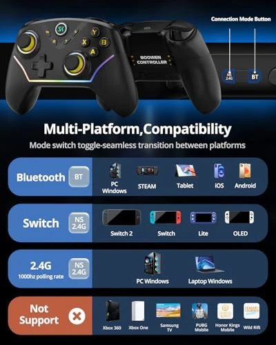 Wireless Controller with Hall Joysticks, Programmable Buttons, and RGB Lighting — Gaming Controllers, Boowen
