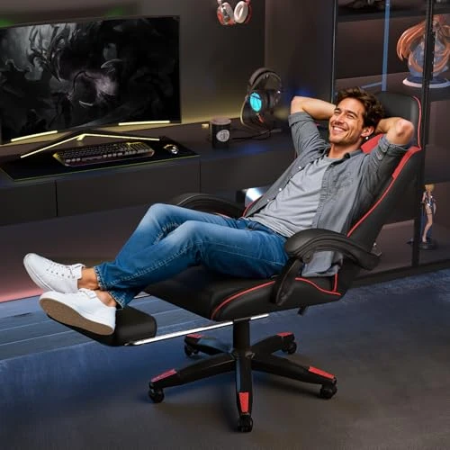 Gaming Chair with Footrest and Massage Lumbar Support — Gaming Chairs, Bigzzia