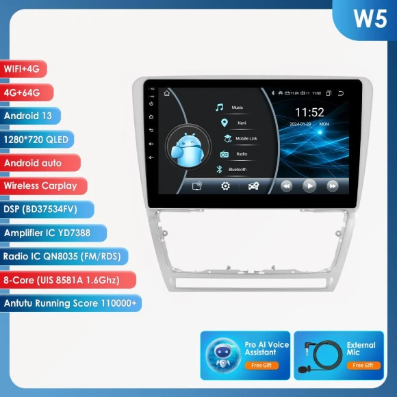 10.1-Inch Android 13 Car Stereo with CarPlay, 4G, GPS, DSP for Skoda Octavia 2 (2008-2013) — Car Infotainment System, Hizpo