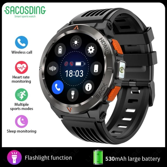 1.43-inch AMOLED Smartwatch with GPS and LED Flashlight — Smart Watch, SACOSDING