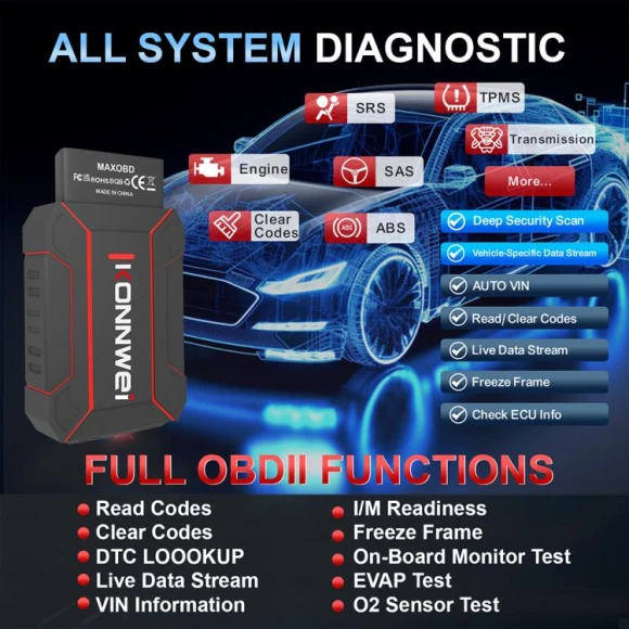 Full Car System Scanner OBD2 Diagnostic Tool, KONNWEI