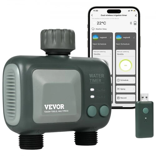 WiFi Sprinkler Timer, 2 Outlets, Smart Hose Faucet Water Timer — Irrigation System, VEVOR