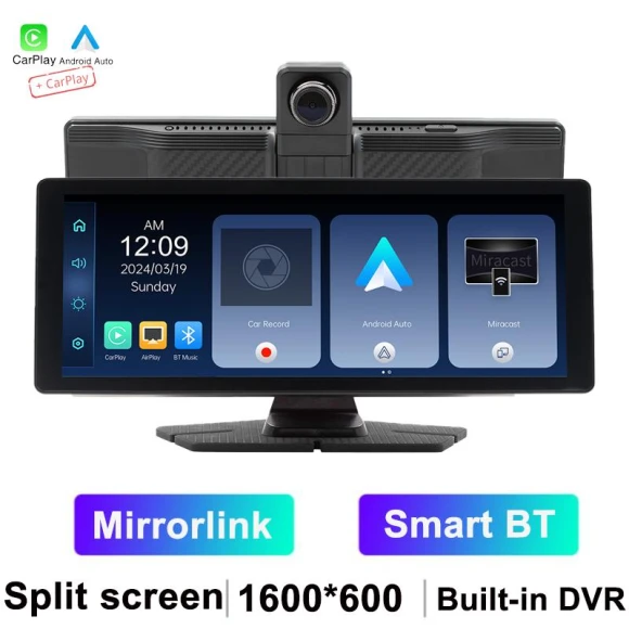 Car Stereo with Bluetooth, MirrorLink, Split Screen, Built-in DVR, Wireless CarPlay, TF Card, USB, AUX Audio Output — Car Infotainment System, Auto Launcher