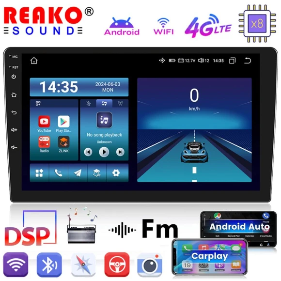 9-inch 2 Din Android Car Stereo with 4G, CarPlay, GPS Navigation, and 8-Core Processor — Car Infotainment System, Reakosound