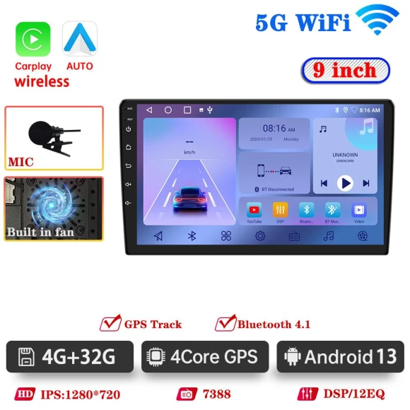 Android 13 Car Radio Multimedia Player with GPS, Wireless CarPlay, Bluetooth, and DVR — Car Infotainment System, ZoomSpark