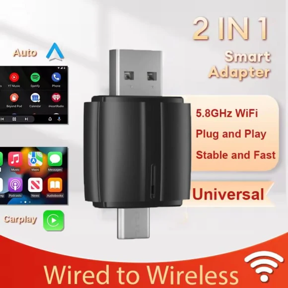 Mini 2-in-1 Wired to Wireless Driving Android Auto Car AI Box Wireless Adapter Port USB Type-C — Car Infotainment System, Cars Auto Home