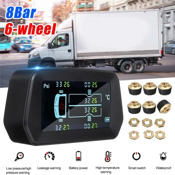 Solar-Powered Tire Pressure Monitoring System with LCD Display and 6 External Sensors — TPMS, Tautoparts