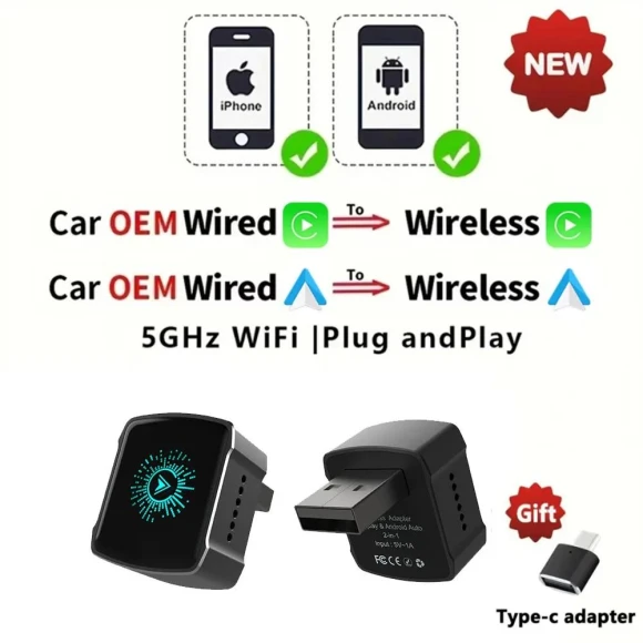 Wireless CarPlay and Android Auto Box with RGB Color, Plug-and-Play Mini Dongle — Car Infotainment System, JOHO