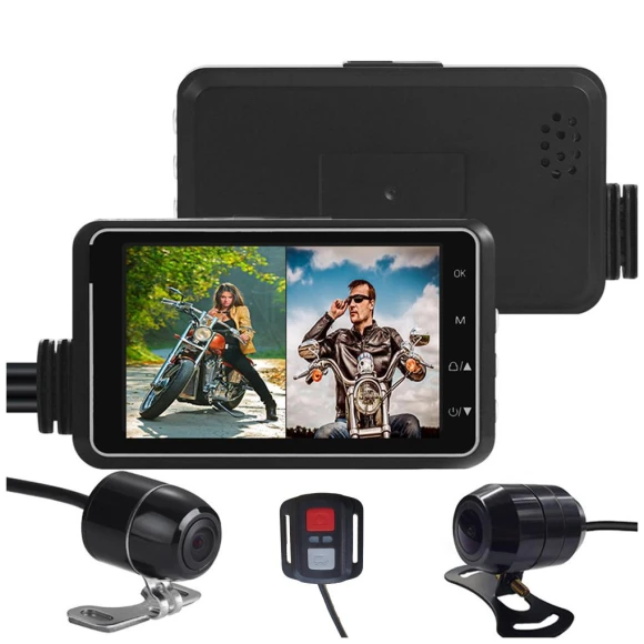 Motorcycle Video Recorder with 3-Inch Screen, Front and Rear Camera, Wireless 1080P + GPS + WiFi Navigation — Dash Cam, TOP HOME