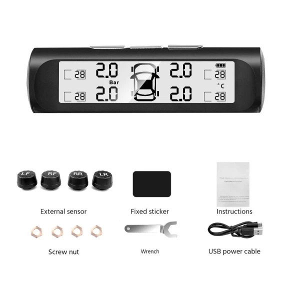 Solar Powered Tire Pressure Monitoring System with 4 External Sensors — TPMS, TOP HOME