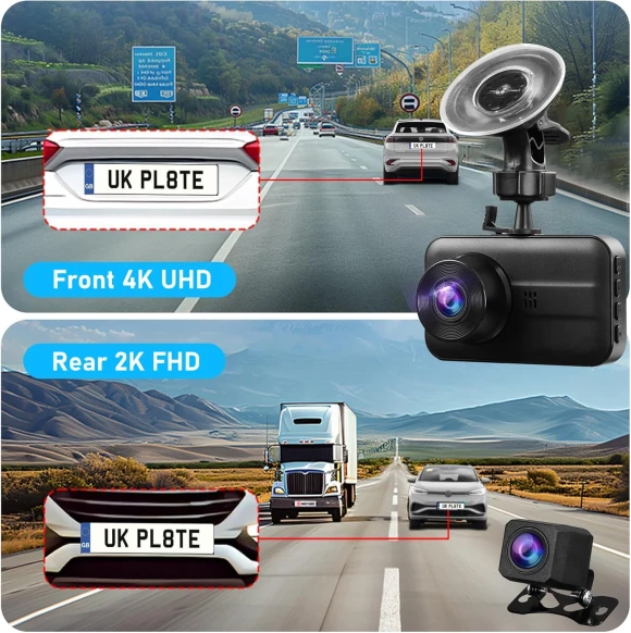 4K Front & 2K Rear Dash Cam with 3.0 IPS Screen, App Control, G-Sensor, Night Vision, Loop Recording, 64GB SD Card — Dash Cam, Kings City