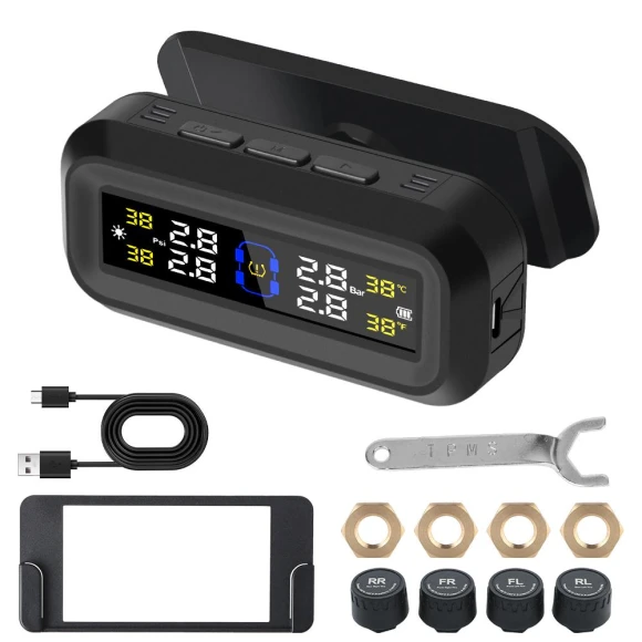 Tire Pressure Monitoring System with Solar and USB Power, Digital LCD Display, Auto Security Alarm — TPMS, Love Fashion Home