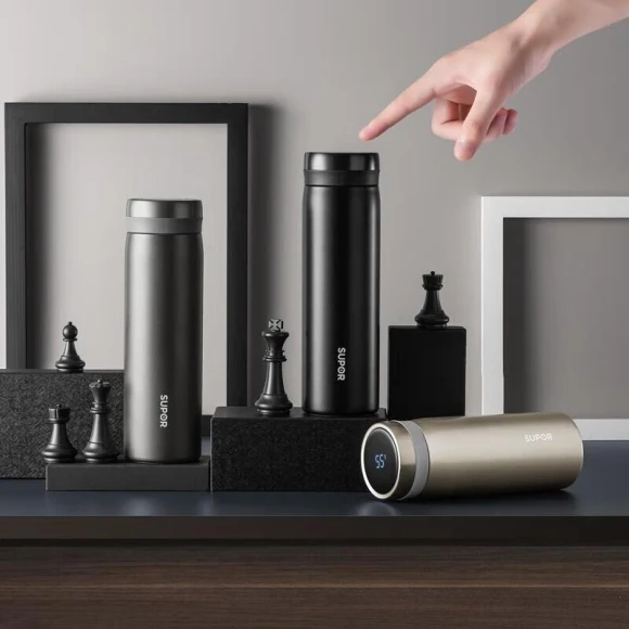 Smart Temperature Display Stainless Steel Insulated Bottle with Filter — Smart Water Bottle, Supor