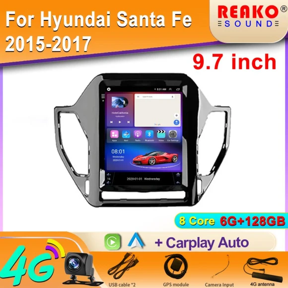 9.7-inch 2 Din Android Car Radio for Hyundai Santa Fe 2015-2017 Multimedia Player with GPS Navigation, 4G, Wi-Fi,... — Car Infotainment System, Reakosound