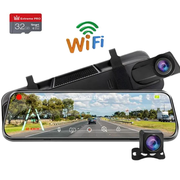 10-inch Car Dash Camera with Mirror Camera GPS FHD 1080P, Dual Rear View Lens, Automatic Rear View Camera WIFI With 32G... — Dash Cam, LIAESMART
