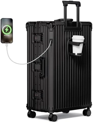 Aluminum Frame Luggage 28 Inch Checked Suitcase With Wheels No Zipper PC Hard Shell Suitcases with Cup Holder and... — Smart Luggage, Krute